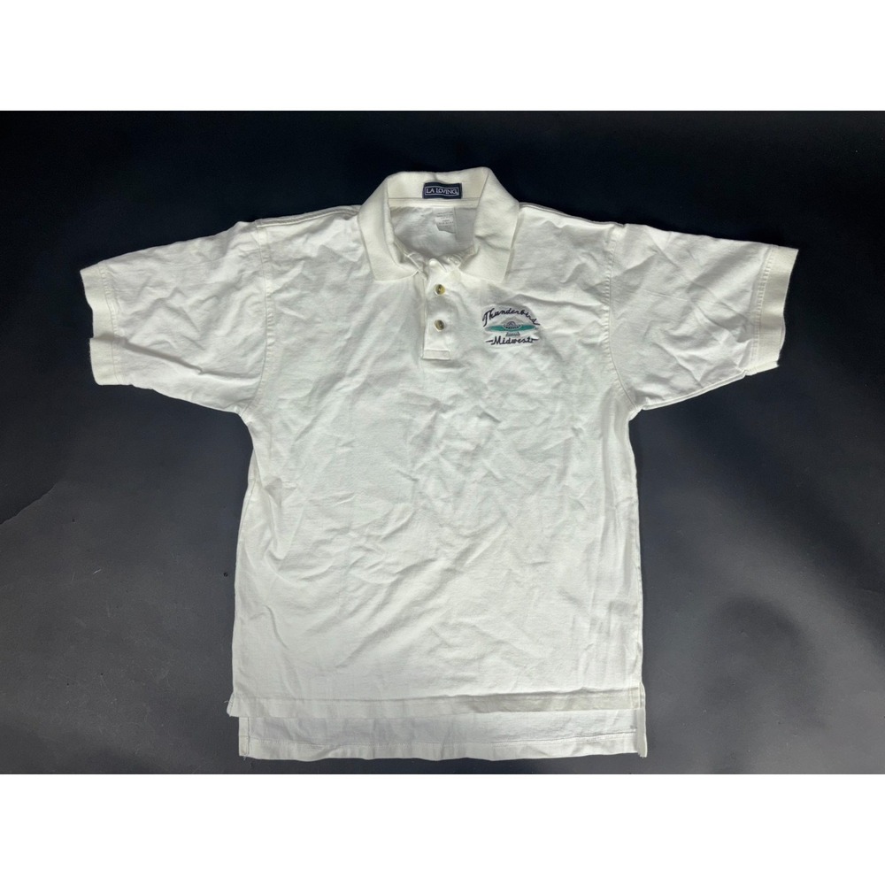 LA Loving Y2K Polo‎ Shirt Mens Large Ivory Hi-Low Hem Made In USA Thunderbird